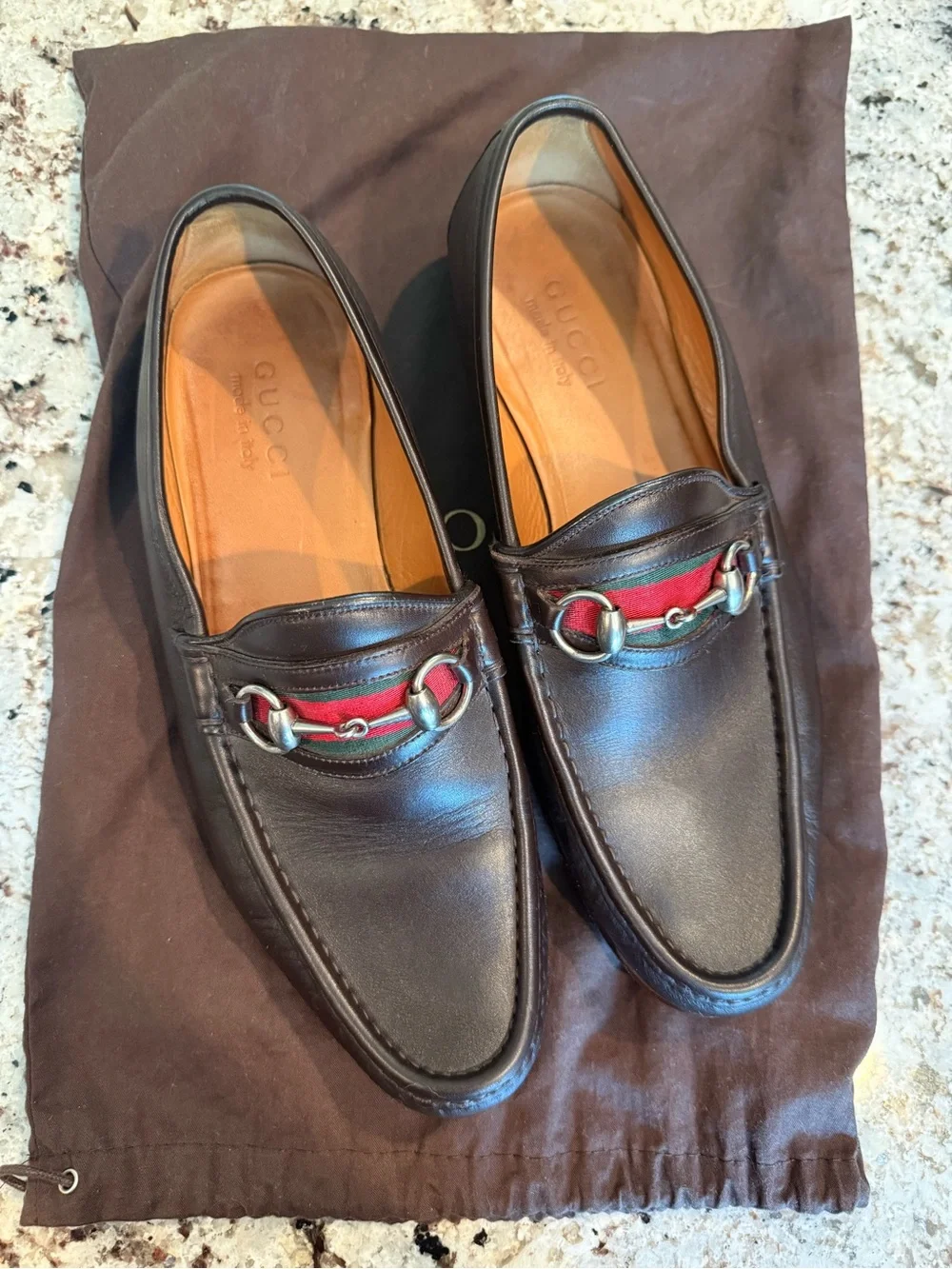 Gucci Brown Leather Horsebit Loafers with Green-Red Web
